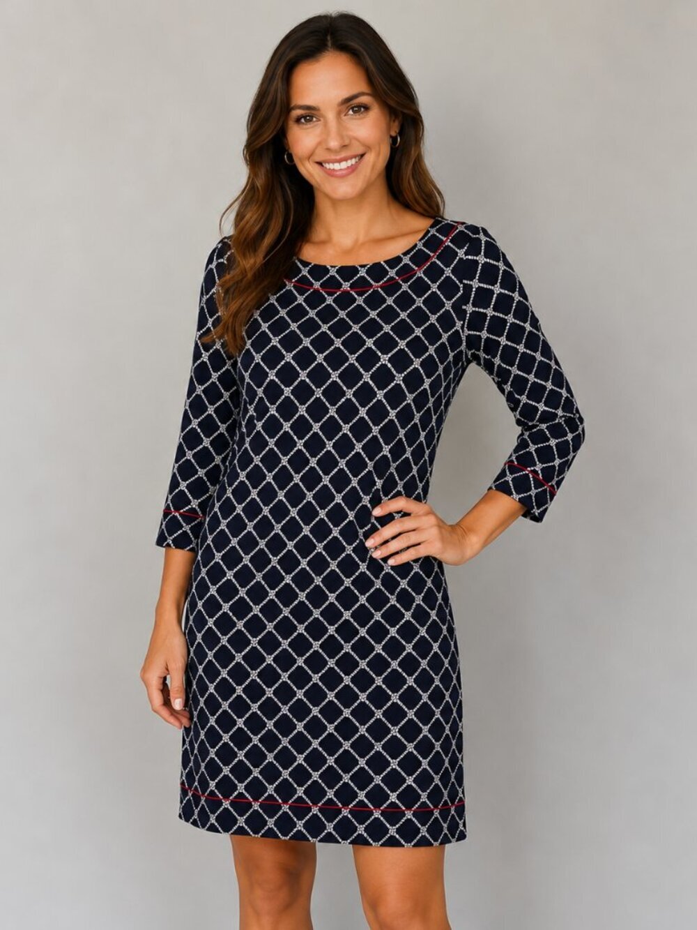 Lands End Nautical Rope Cable Print 3/4 Sleeve Shift Dress Medium 10 12 Blue